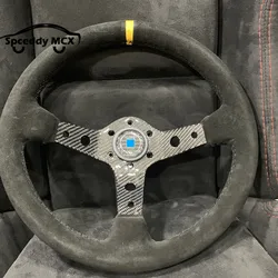 Spceddy Racing Suede Steering Wheel 14 Inch 350mm Deep Dish Carbon Fiber Steering Wheel Car Universal 6 holes Black