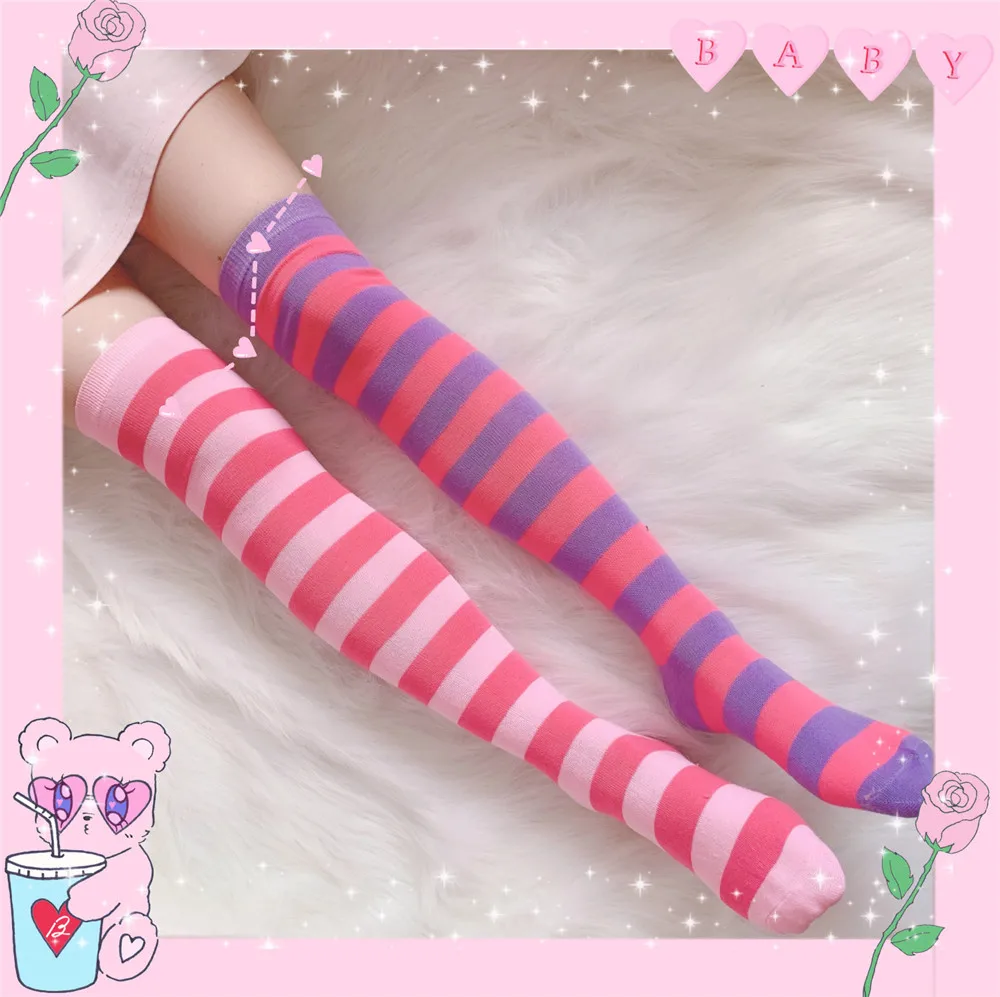 Japanese sweet cool soil cool what SuFeng blue, white, purple and red color stripe knee high socks