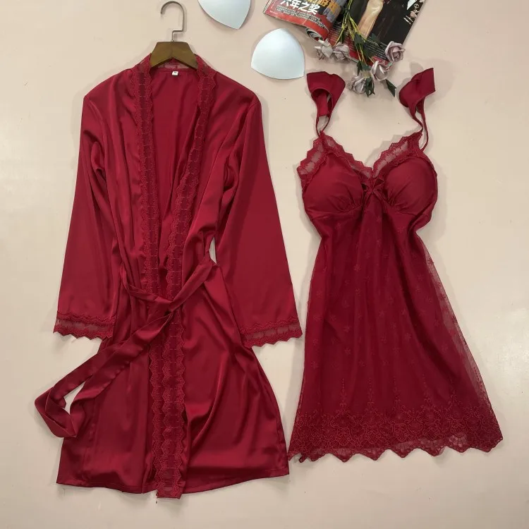 2PCS Nighty & Robe Anzug Satin Frauen Robe Set Kimono Kleid Casual Intimate Dessous Druck Hause Kleidung Sexy Nachthemd nachtwäsche – Detail 3
