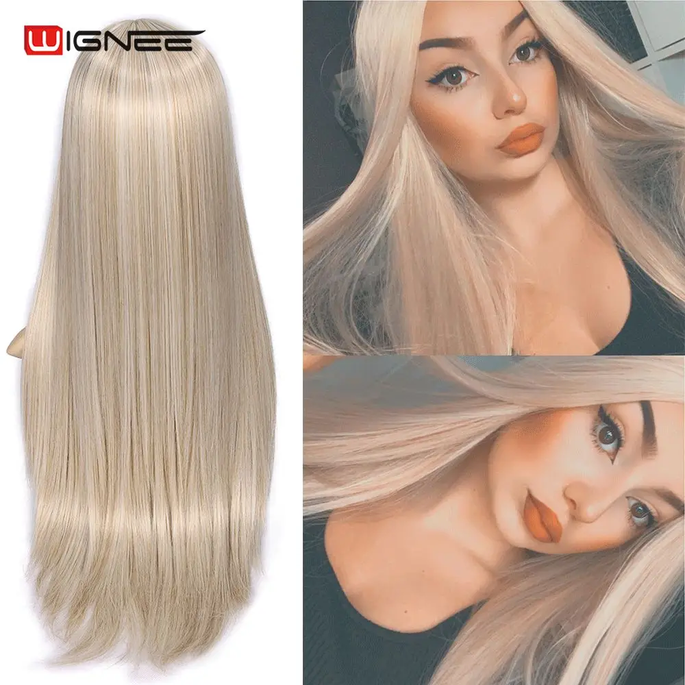 Wignee Long Straight Hair Synthetic Wig For Women  Blonde Natural Middle Part Hair Heat Resistant FiberNatural Daily Hair Wig