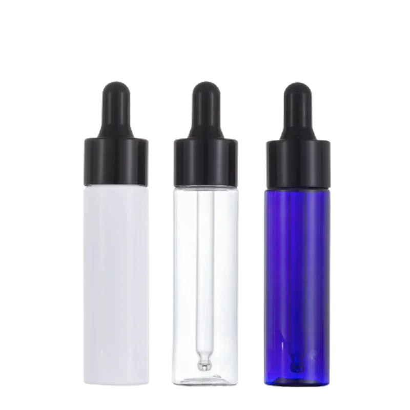 50pcs Empty Essential Oil Dropper Container 30ml Blue White Clear Cosmetic Packaging Refillable Plastic Bottles