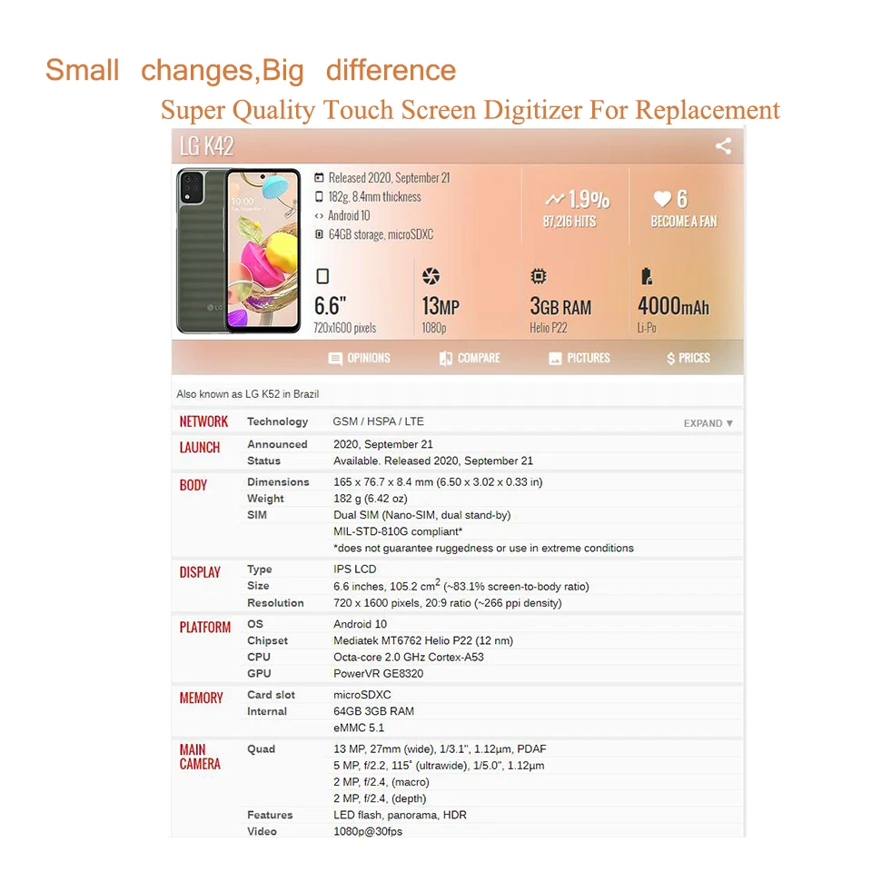 Panel de pantalla táctil para LG K42, K52, K62, K62 +, cristal frontal exterior, lente LCD con pegamento OCA, 10 unidades por lote