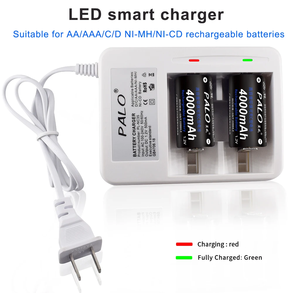 Аккумуляторная батарея PALO R14 C, 4000 мАч, размер C + зарядное устройство для аккумуляторов 1,2 в Ni-MH Ni-CD AA AAA C D