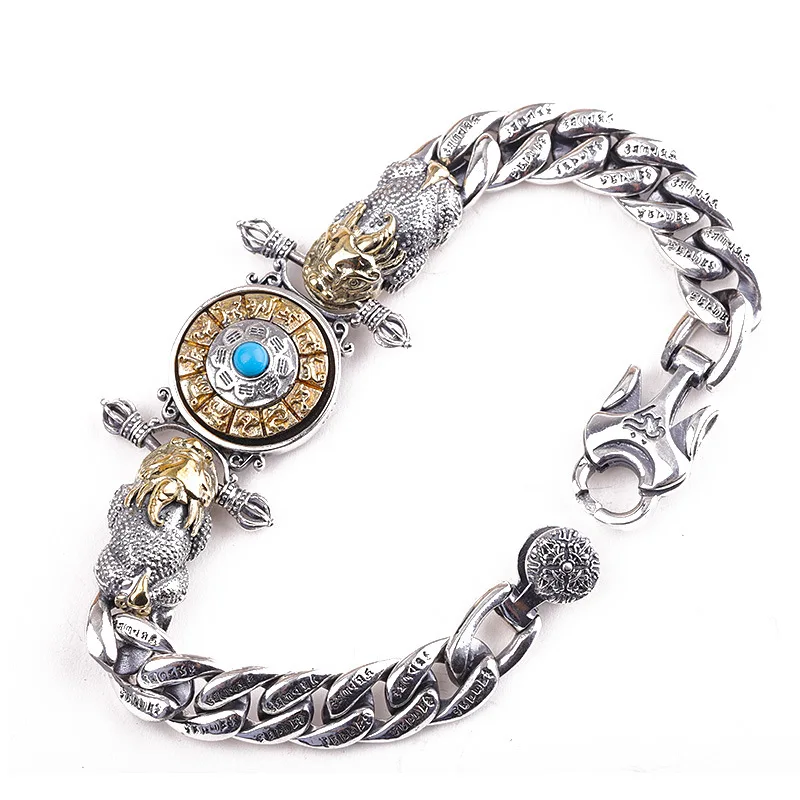 

New Rotating Exquisite Thai Silver Personality Bracelet for Man real S925 Sterling Silver Divine Beast, Good Luck Male Bracelet