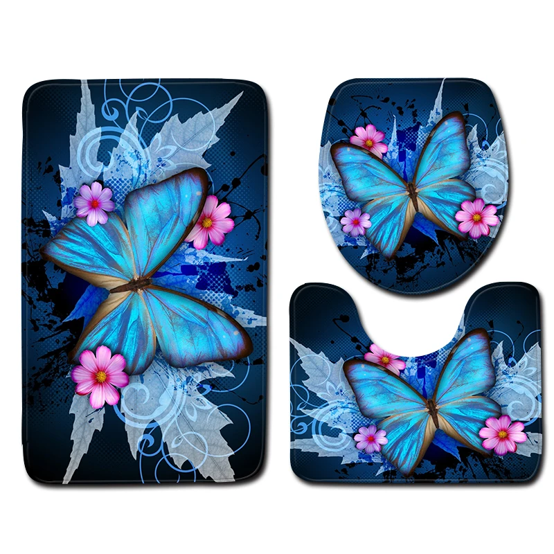 

Blue Butterfly Pattern Bathroom Mat Sets 3pcs Anti Slip Floor Mat and Toilet Mat Sets