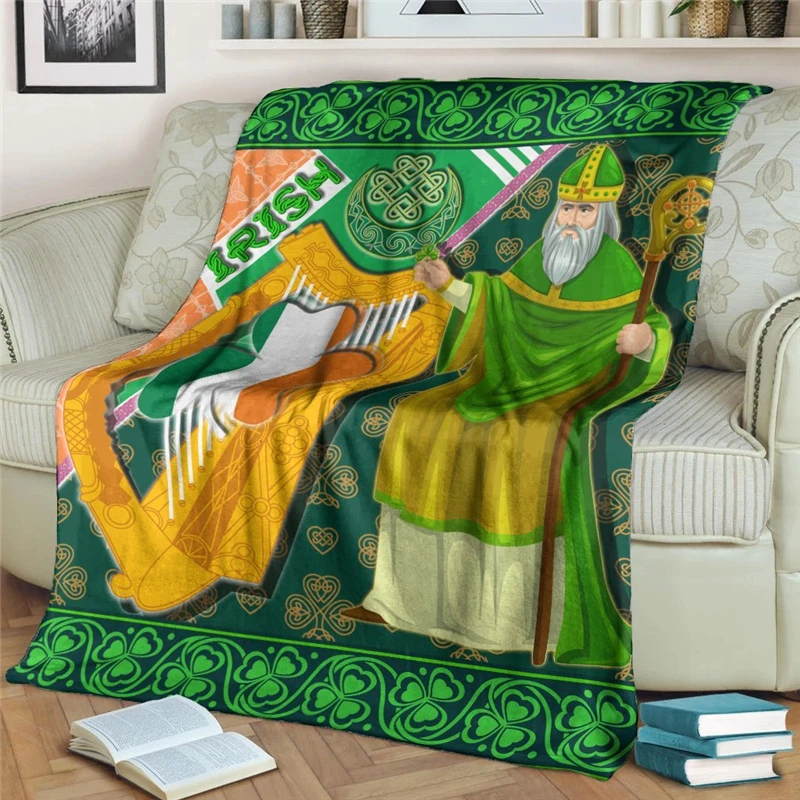 Saint Patrick with Shamrock and Traditional Harp Flannel Blanket 3D Kids Quilt Home Life Travel Airplane Portable Throw Blanket image 2