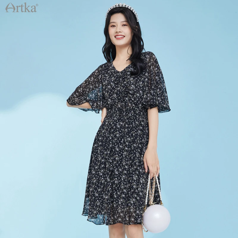 ARTKA 2021 Spring New Women Dress Elegant V-Neck Floral Black Dresses Short Sleeve Elastic Waist A-Line Chiffon Dress LA22013C