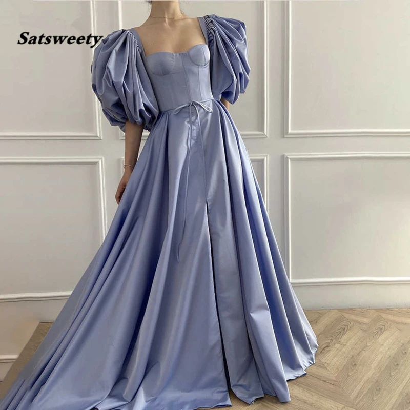 

Elegant Light Blue Taffeta Prom Dresses Square Puffy Sleeves A-Line Formal Gowns Draped Slit Bow Sashes Long Party Dresses