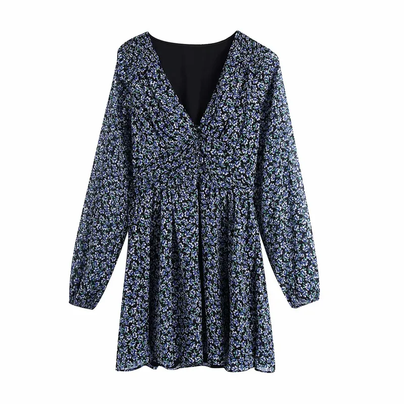 Evfer Chic Ladies Fashion Floral Print Za Blue Mini Dresses Female Elegant V-neck Long Puff Sleeve Elastic High Waist Dress Chic