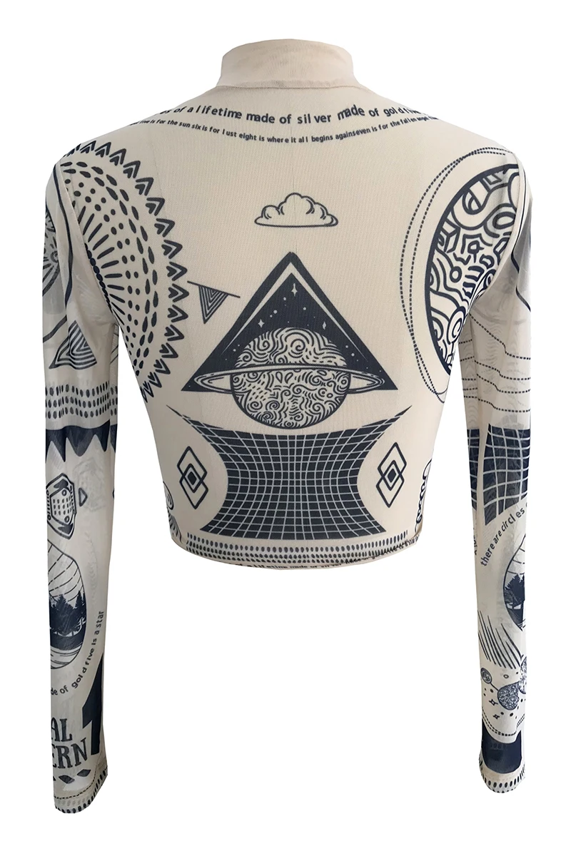 CHEERART Tattoo Print Long Sleeve Crop Top Turtle Neck See Through T Shirt Basic Tshirt Street Fashion Tee Shirt Clothing