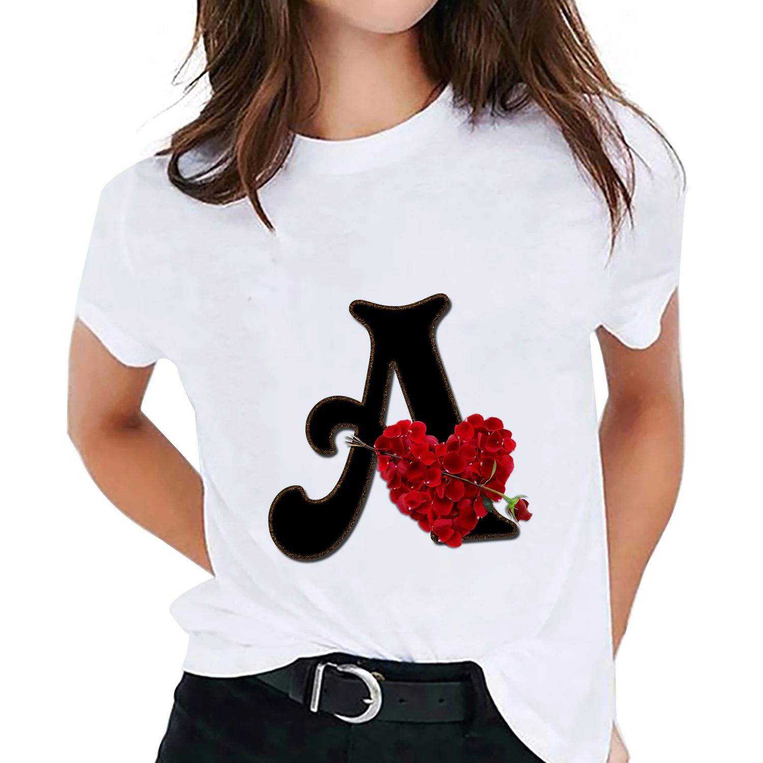 

Women's T Shirt Custom Name Letter Combination Printing Tshirt Flower Letter Font A B C D E F G Short Sleeve Ladies T-Shirt