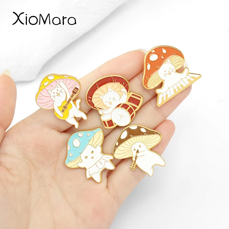 Love you so MUSH ! 7 Styles Mushroom Cutie Band Enamel Pins Singing Cat Lapel Badges Brooches for Music Lover Women Jewelry