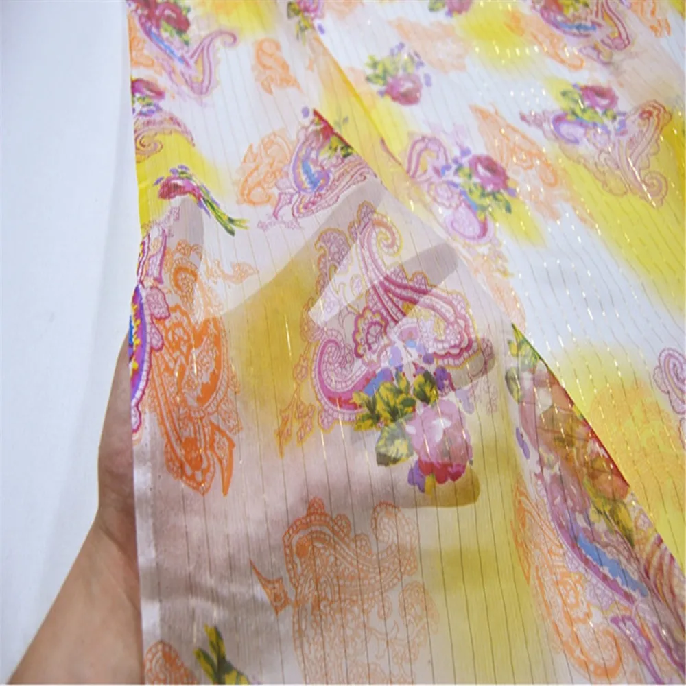 Muslim Paisley Metallic Silk Crinkle Chiffon Fabric Crepe 100% Silk 6m/m 135cm Summer Holiday for Shirt Cloth Women Dress