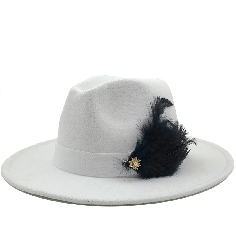 

NEW white Wool Women feather Fedora Hat For Winter Autumn ElegantLady Floppy Cloche Wide Brim men Jazz Caps