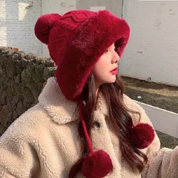 New Pompom Winter Hats For Wome Earmuffs Thicken Ear-flapped Hat Fleece Lined Girl Knit Bonnets Cute Ladies Ear Beanies Cap