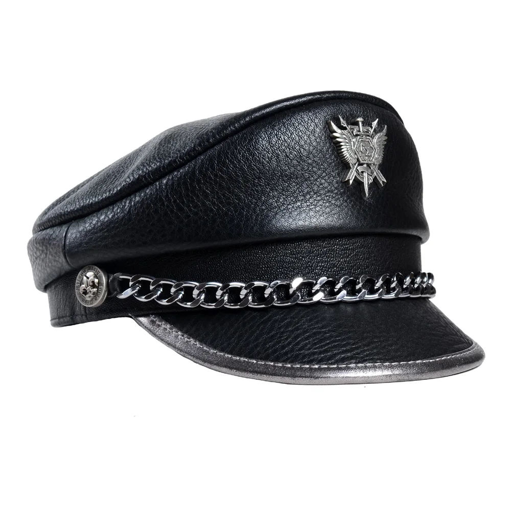 

Men's Women's Real Leather Fashion Germany Military Flat Cap Retro Punk Driver's Service Hats/Caps