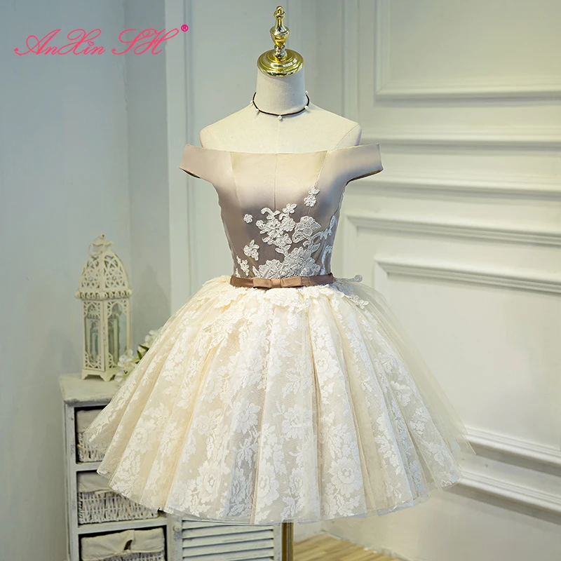 

AnXin SH champagne lace princess Evening dress princess boat neck flower Korean white rose grey bow bride short evening dress