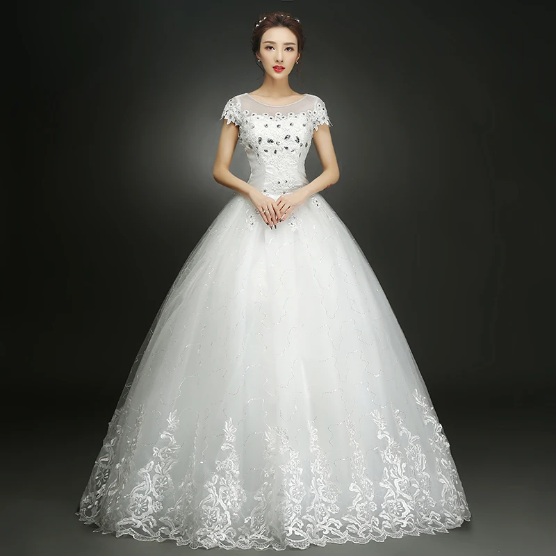 AnXin SH Princess flower white lace vintage illusion beading crystal white o neck short sleeve lace up customized wedding dress