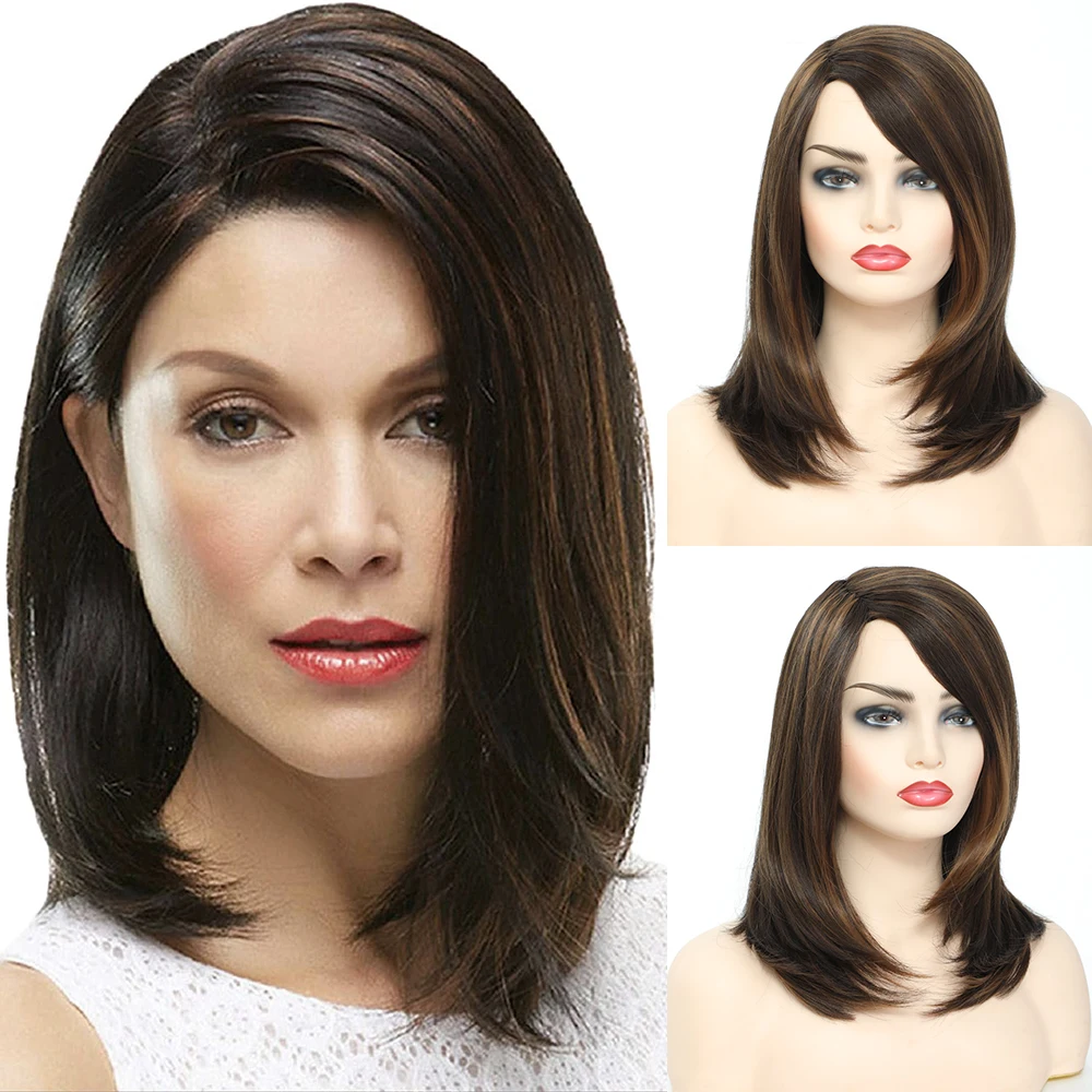 

Dark Brown Medium Lengt Ombre Hair Wig Synthetic Natural Straight frontal Lace Heat Resistant With Bangs Side Part Daily Party