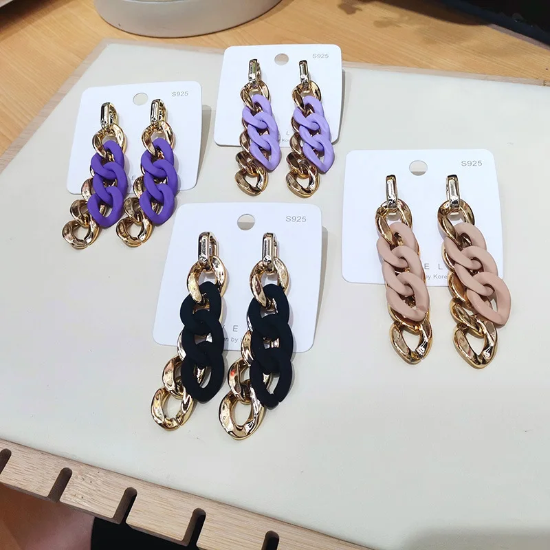 2024 موضة ملونة ربط الاكريليك إسقاط أقراط للنساء الذهب اللون سلسلة طويلة هندسية استرخى أقراط مجوهرات بسيطة هدية #3