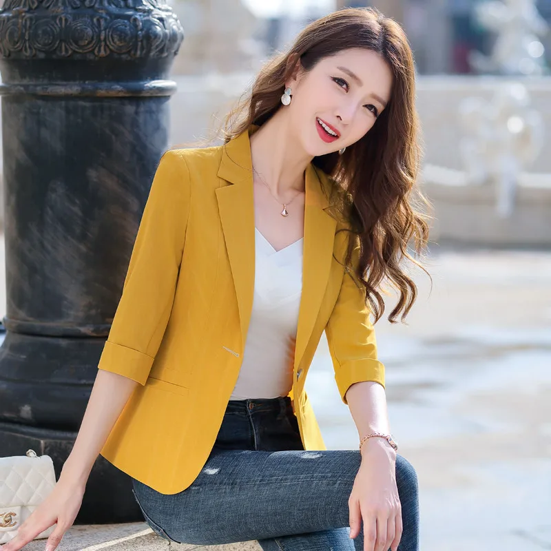 Women's Suit Jacket Summer Fashion Seven-point Sleeve Office Ladies Casual Suit Short Stripe Blazer Feminina 5XL W100