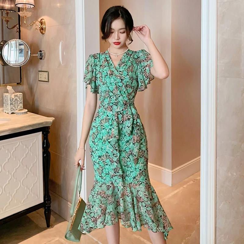 Fashion Summer Vintage Short Sleeve Beach Holiday Midi Dress Ladies Streetwear Elegant Casual Print Ruffle Mermaid Wrap Dress