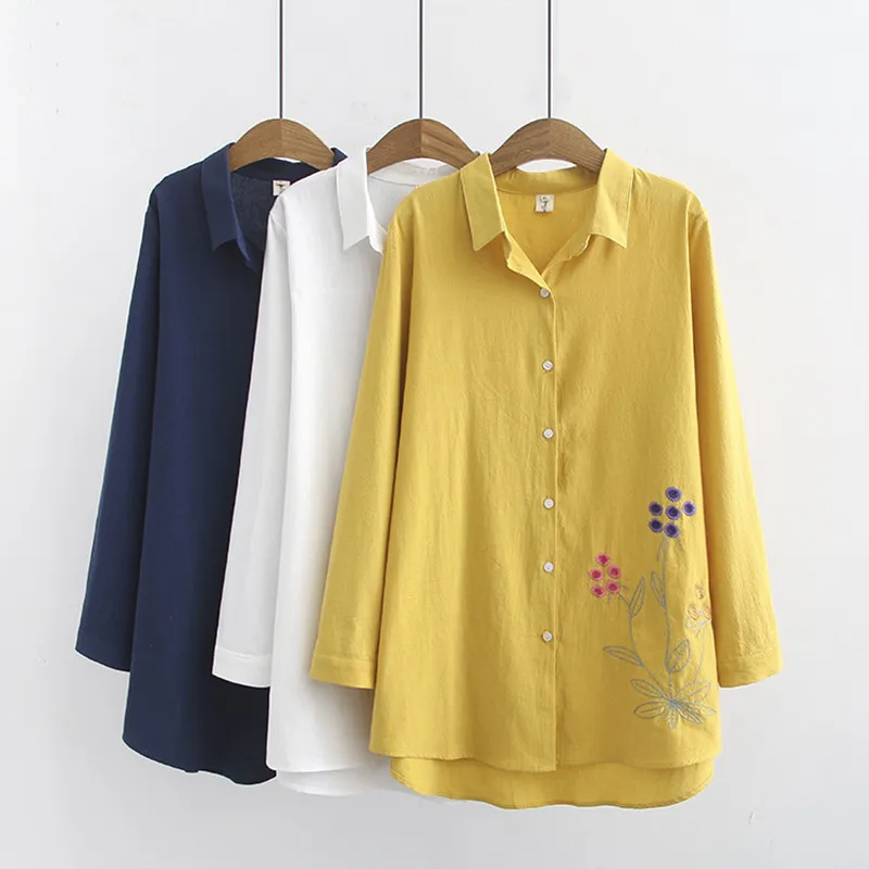 New Female Casual Top Plus Size 4XL Embroidery Cotton Shirt Top Women Spring Summer Single-breasted Long Sleeve Blouse  LM234