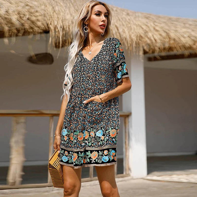 

Ladies Clothes New Product Retro V-Neck Pullover Print Short Sleeves Loose Dress All-Match Popular Bohemia Sundress Wholesale