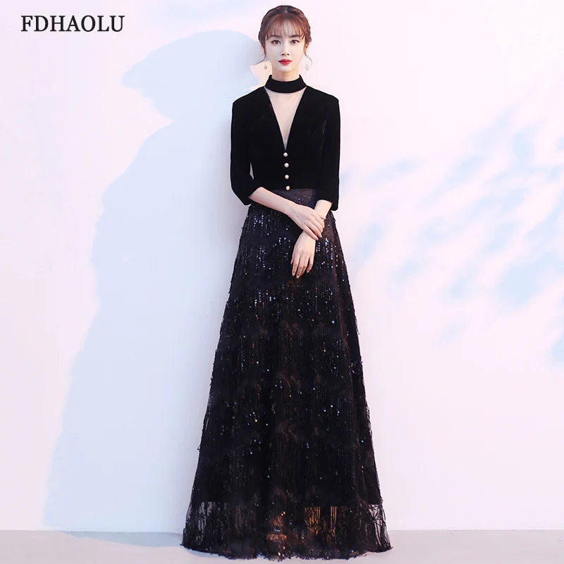 Customized FDHAOLU FU140 Evening Dress 2025 Black A-Line Floor Length Dresses Elegant Half Sleeve Illusion Formal Dreses