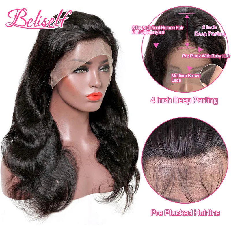 Beliself cabelo brasileiro onda do corpo 13x4 frente do laço perucas de cabelo humano para as mulheres peruca frontal do laço pré arrancado linha fina 180 densidade