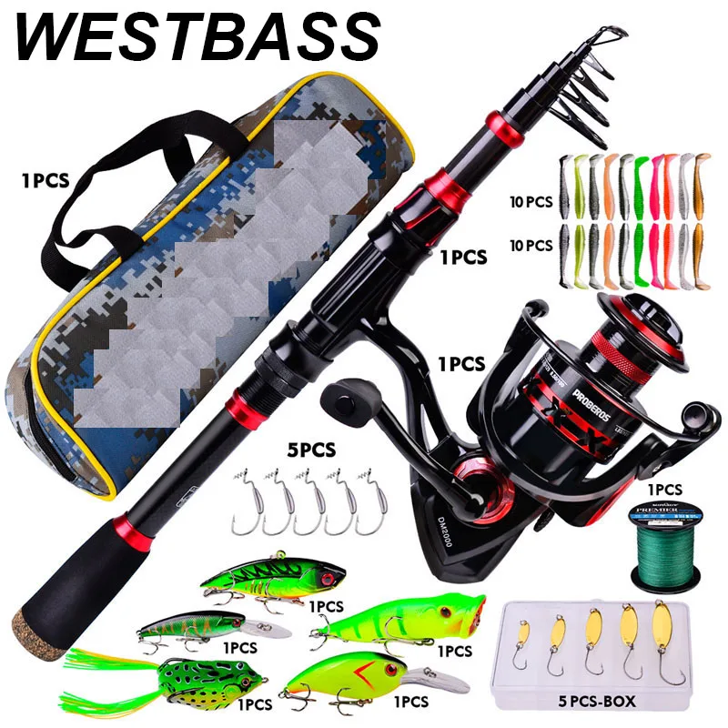 

WESTBASS Portable Fishing Combo 2.1m Carbon Telescopic Rod And 2000 Series Spinning Reel Set Line Hooks Lures Bag Full Kit Pesca