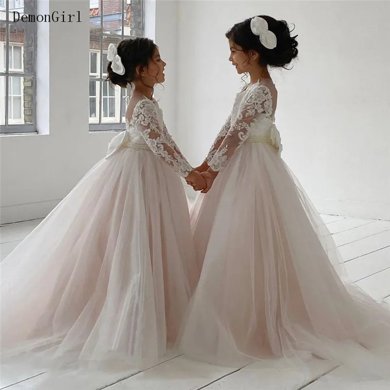 Light Champagne Flower Girl Dress for Wedding Applique Lace Princess Wedding Party Gown First Communion Dress