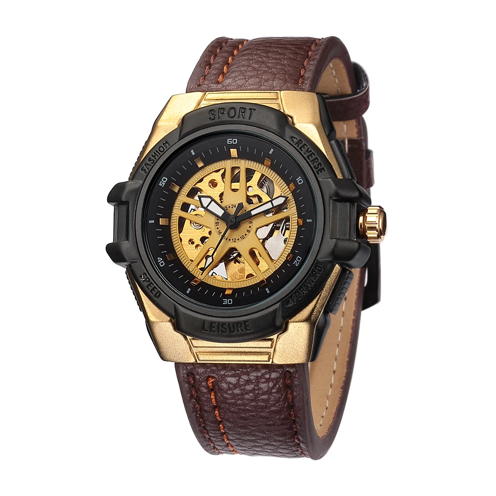 SHENHUA Luxury Waterproof Vintage Special Pattern Genuine Leather Bracelet Men Sport Leisure Automatic Mechanical Hollow Watches