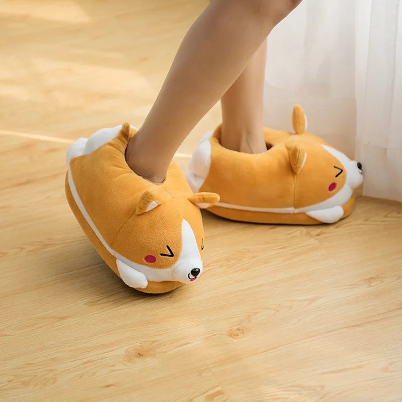 Brand Corgi Dog Slippers Cartoon Cute Double Shiba Inu Warm Plush Corgi Slippers Home Slip Cotton Pad Shoes One Size