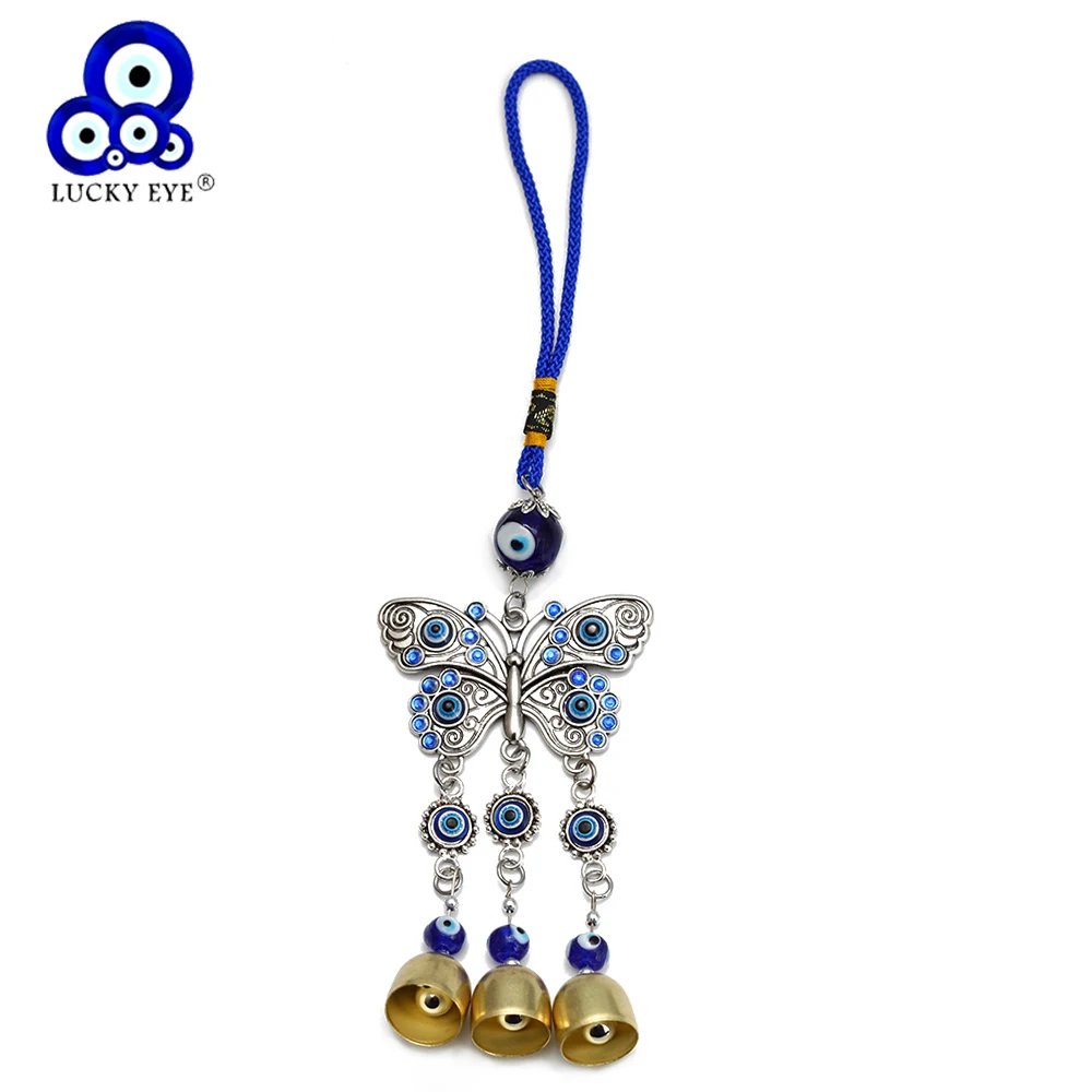 

Lucky Eye Blue Turkish Evil Eye Bead Alloy Butterfly Pendant Wall Hanging Wind Chimes Key Chain Car Keyring for Women Men BE208