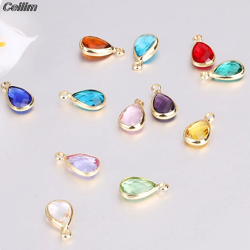 14mmx7.5mm 10pcs Colorful Crystal Birthstone Charms Gold Plated Teardrop Glass Charm Pendant For Jewelry Making Diy Accessories