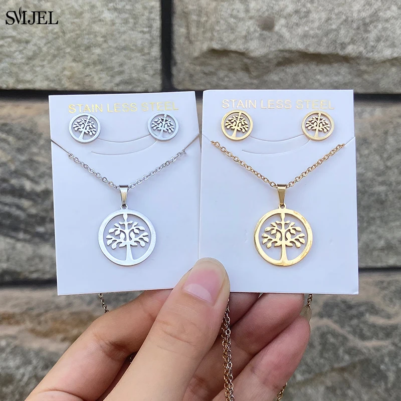 2024 Round Hollow Wishing Tree Pendant Necklace Plant Tree Of Life Earrings Jewelry Set Fashion Elegant Women Girl Gifts