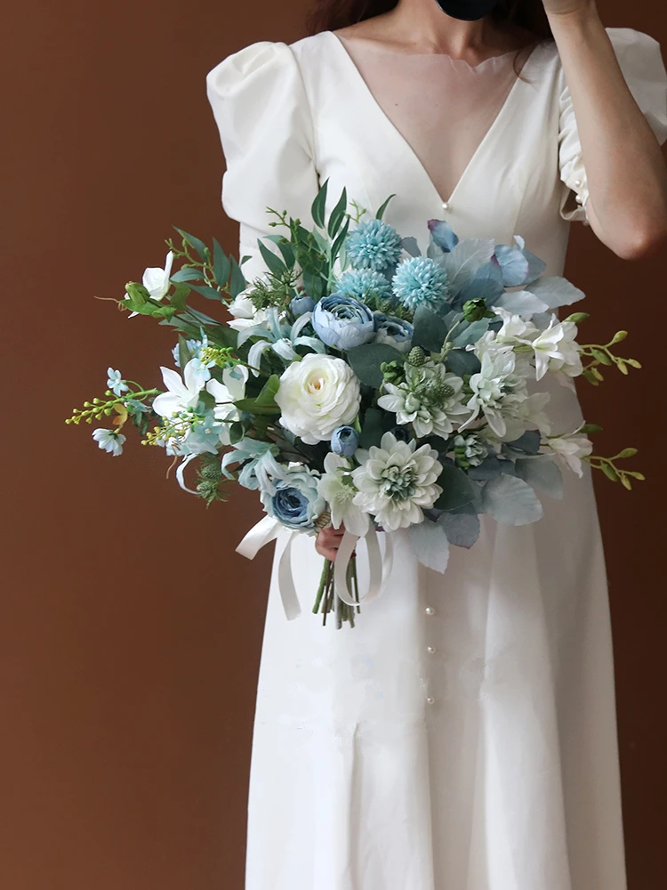 Janevini Romantische Kunstmatige Bloemen Blauw Wit Bruidsboeket Handgemaakte Zijden Rozen Hortensia Elegante Koreaanse Bruids Nep Boeket