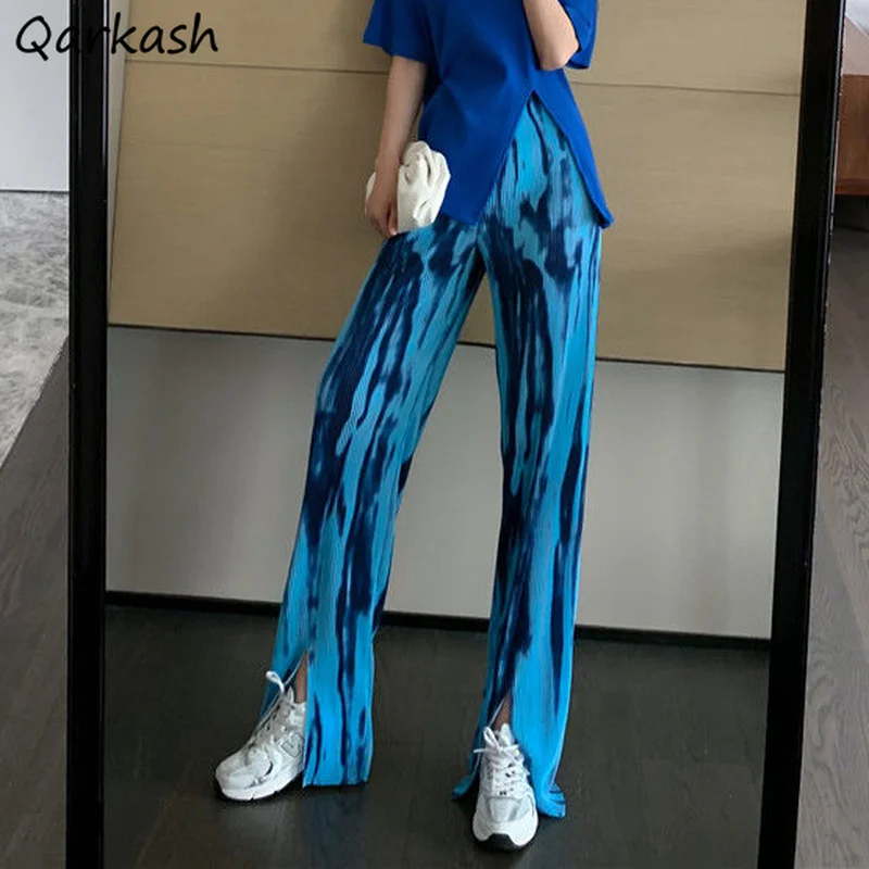 Full-length Casual Pants Women Tie-dye Pleated Straight Trousers Split Korean Style Modern High Waist Leisure All-match Female