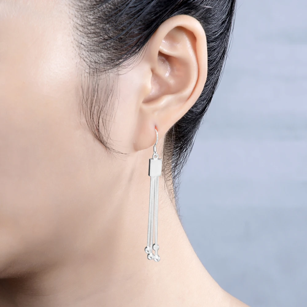 Trend 925 Sterling Silver Tassel Thread Chains Pendants Drop Earrings for Women Straight Hanging Stud Ear Jewelry Earrings Gift