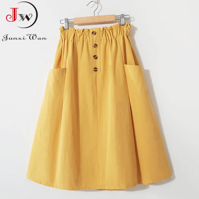 Women Summer Skirt Spring Korean Style Casual Solid High Waist  A-Line Midi Skirts With Pocket Girls Elegant Faldas