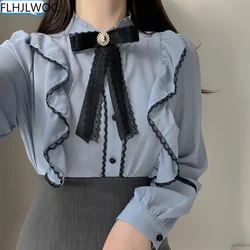 Women's Ruffles Cute Bow Tie Tops Preppy Style Vintage Japanese Korea Design Button Elegant Formal White Pink Shirts Blouses