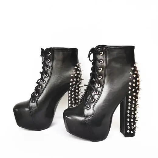 

Linamong Punk Black Leather Spikes Lace Up Chunky Heels Platform Ankle Boots Round Toe Party Club High Heels Short Boots Shoes