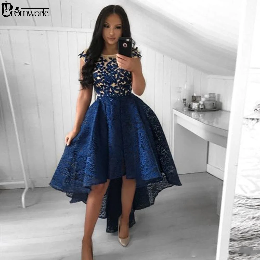 Sexy High low Lace Navy Blue Homecoming Dresses Formal Party Dresses 2025 Embroidery vestido graduacion Robe De Cocktail Chic