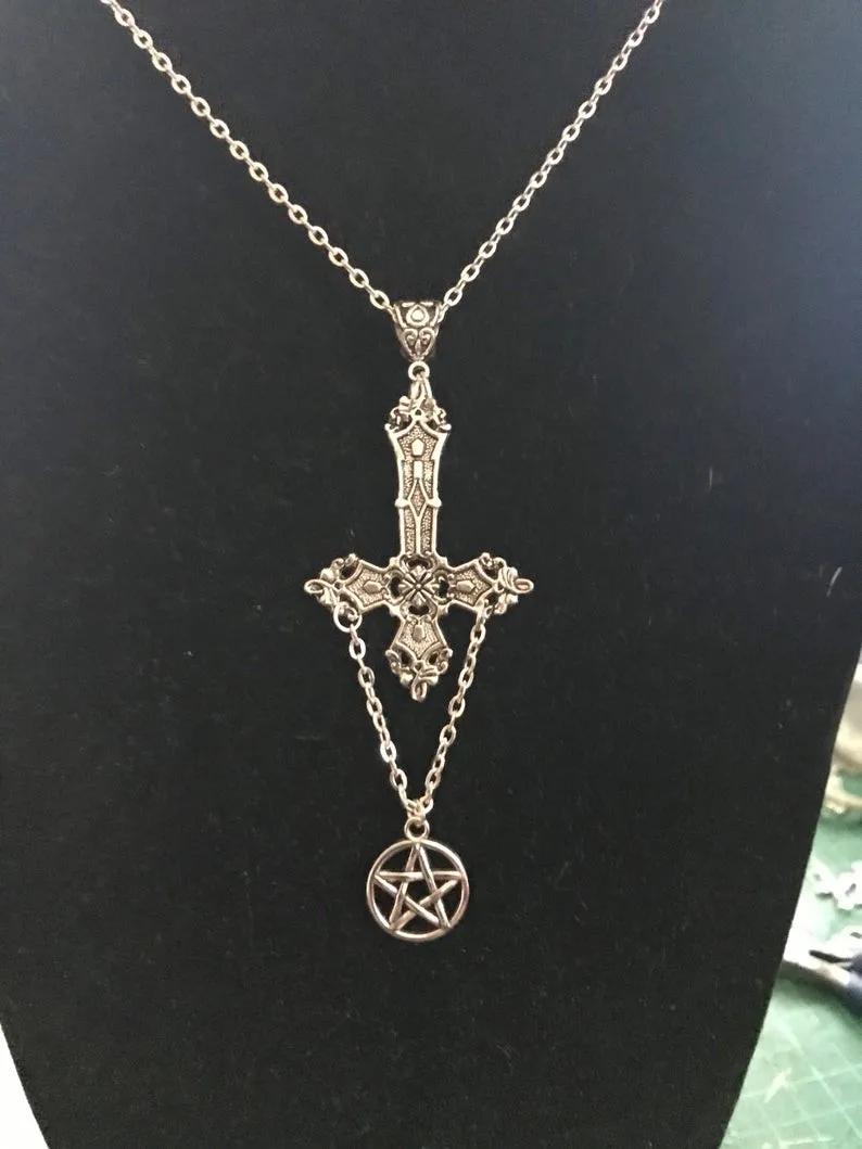 Gothic Inverted Cross Pentagram Necklace Satanic Occult Alternative Grunge Jewellery Statement Down Cross Punk Men Women Gift