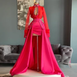 Gorgeous Two Piece Elegant Prom Dresses Long Sleeves Hi Lo Sweep Strain Crystals Women Evening Party Gowns Plus Size Custom Made