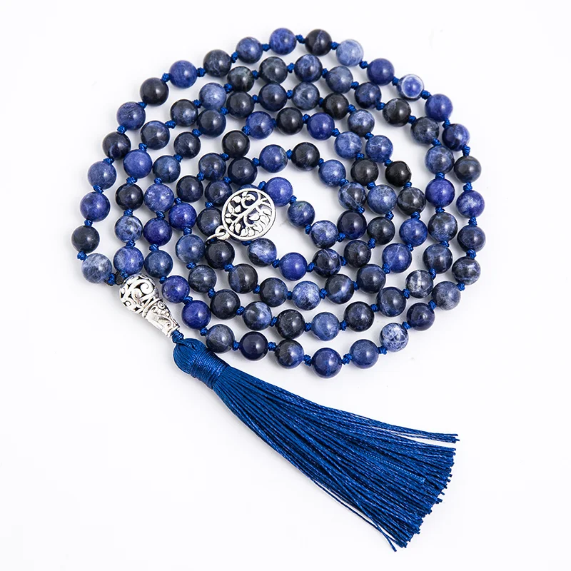 8mm Natural Blue Sodalite Stone Lapis Lazuli Beaded Knotted Necklace Meditation Yoga Jewelry 108 Mala Rosary with Tree of Life