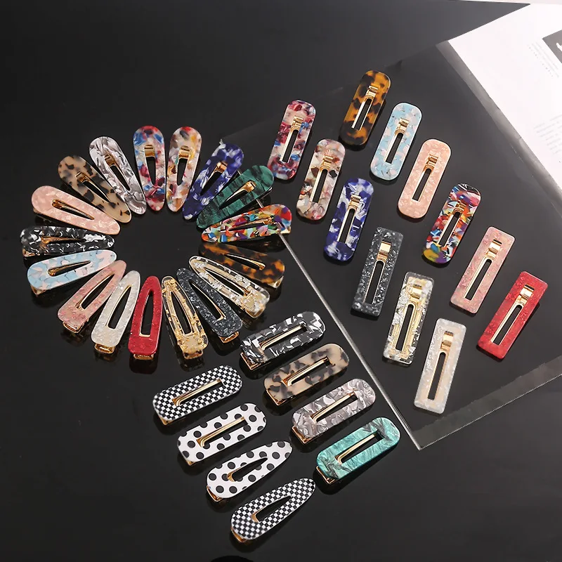 Fashion Hair Clips Women Acrylic Hollow Waterdrop Rectangle Leopard Marble Textured Girls Hair Clips Tin Foil Sequins Headwear