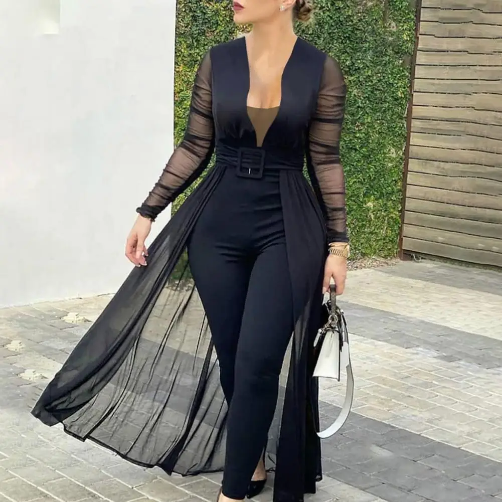 Jumpsuit Solid Color Skinny Playsuit Women Long Sleeve Sheer Patchwork Waist Tight Belt Overall for Party