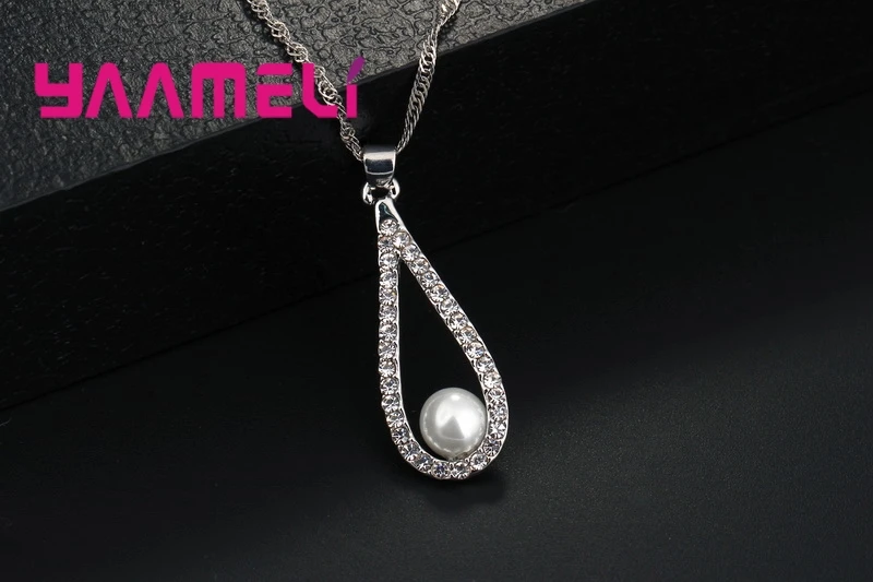 Pure 925 Sterling Silver Color CZ Crystal Water Drop Pearl Necklaces Pendant Chain Earrings Woman Fine Wedding Jewelry Set Gift